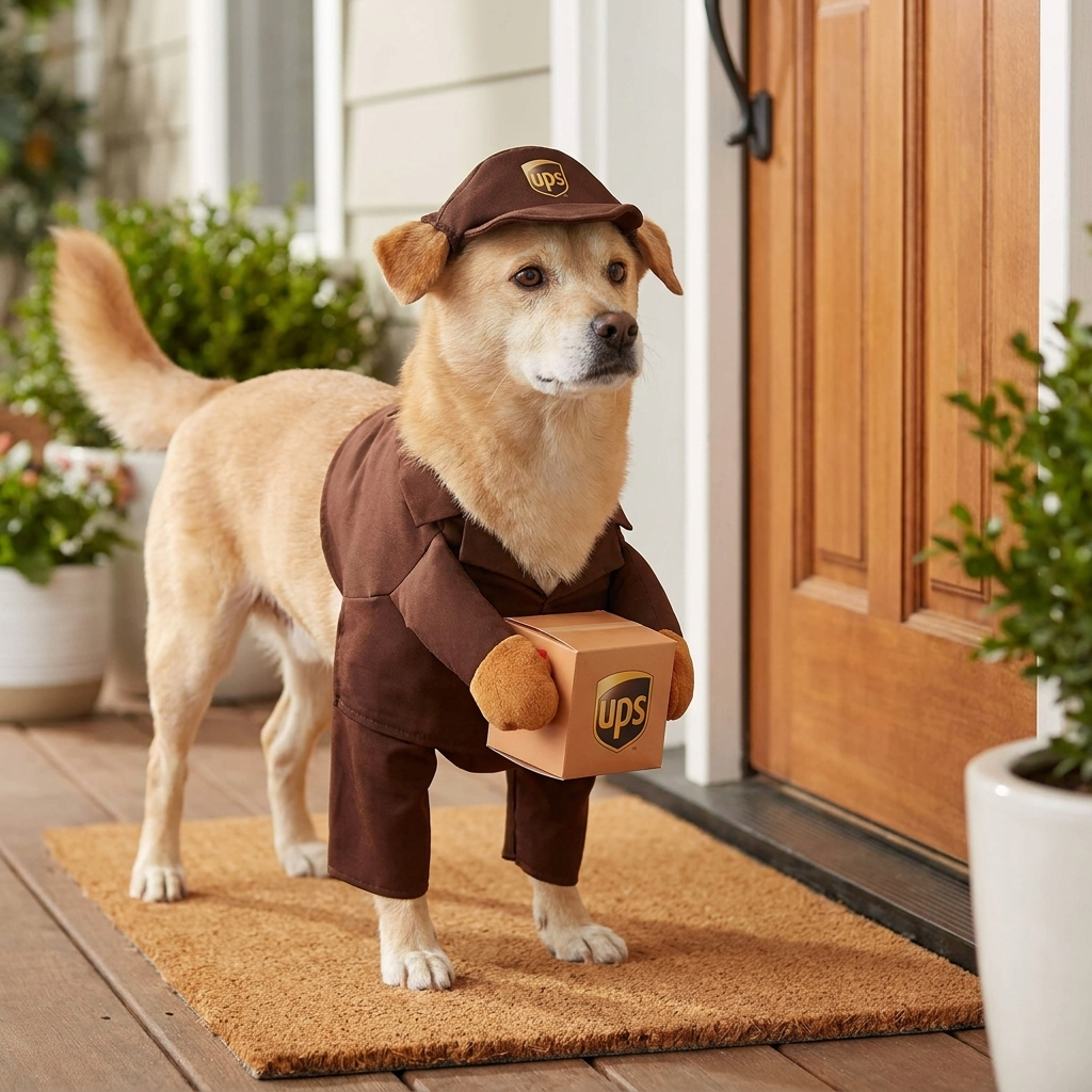 Delivery Pup Suit brown - delivering a parcel at the front door