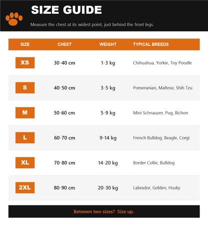 SPOOKY PAWS size guide - chest measurement chart S to L